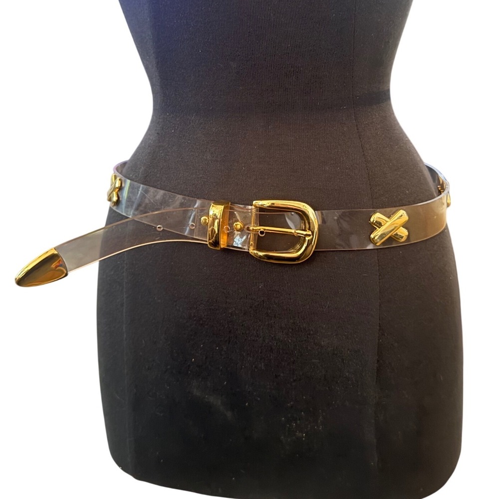 Vintage 80's Disco Clear Transparent Vinyl Belt Gold Tone X Studs 
Maximalist LG